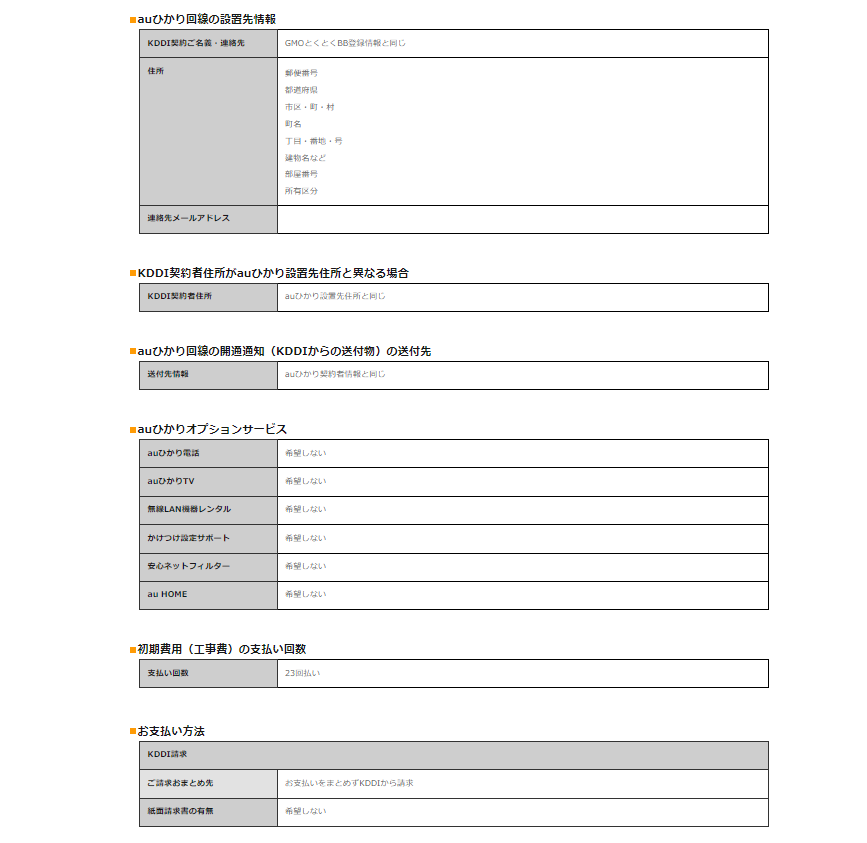 auひかりGMOとくとくBBで申込方法最終の内容確認