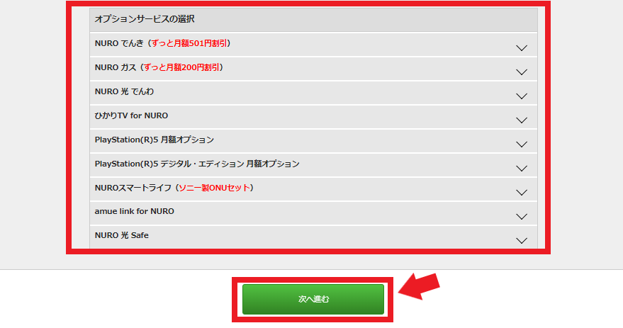 NURO光最大45,000円のキャッシュバックキャンペーンの申込方法③オプションの選択