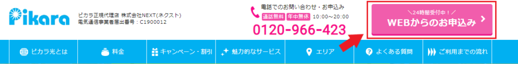 ピカラ光の申込方法①公式HPを開く