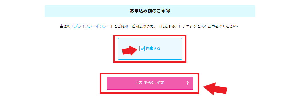 ピカラ光の申込方法③プラバシーポリシーに同意