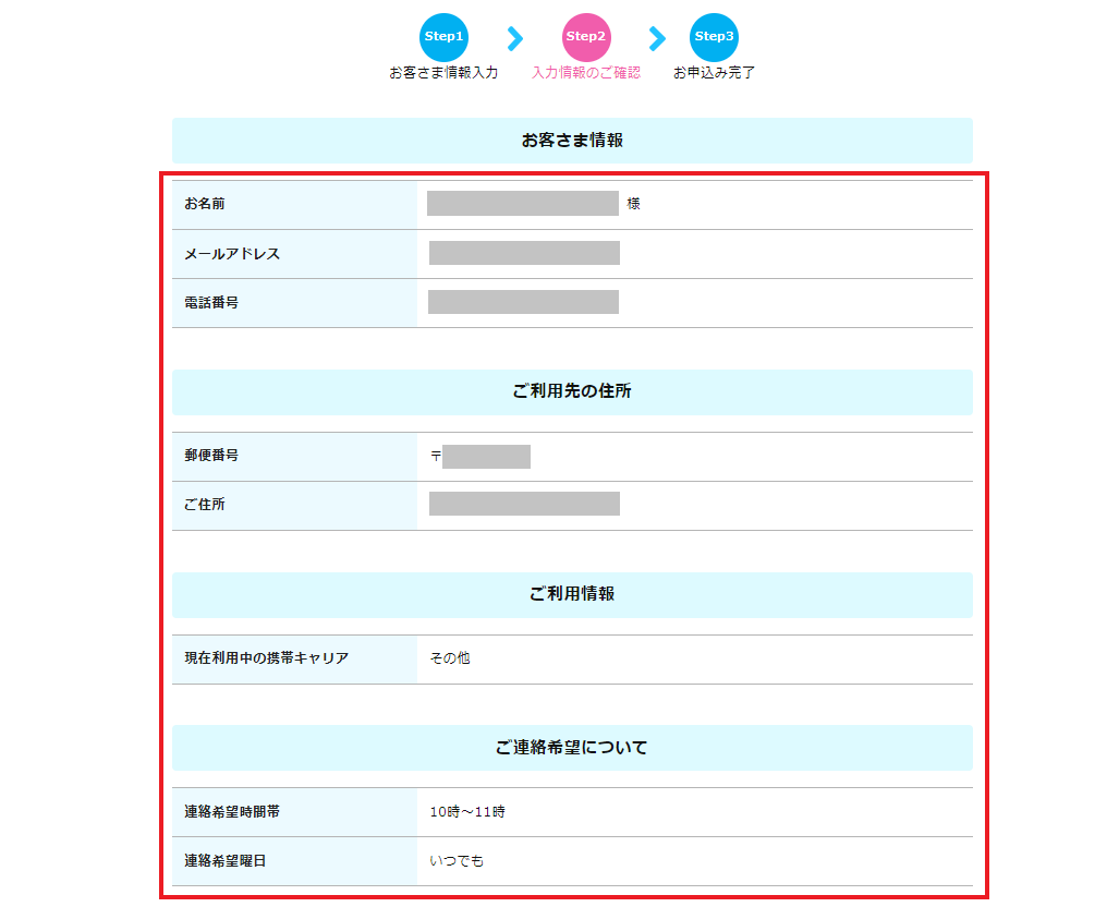 ピカラ光の申込方法④入力情報内容の確認